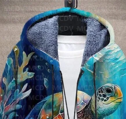 Men's Retro Print Plush Thick Long-Sleeved Coat Cardigan Sea Turtle 3D Prined Fleece Hooded Overcoat Unisex Thick Warm Jacket