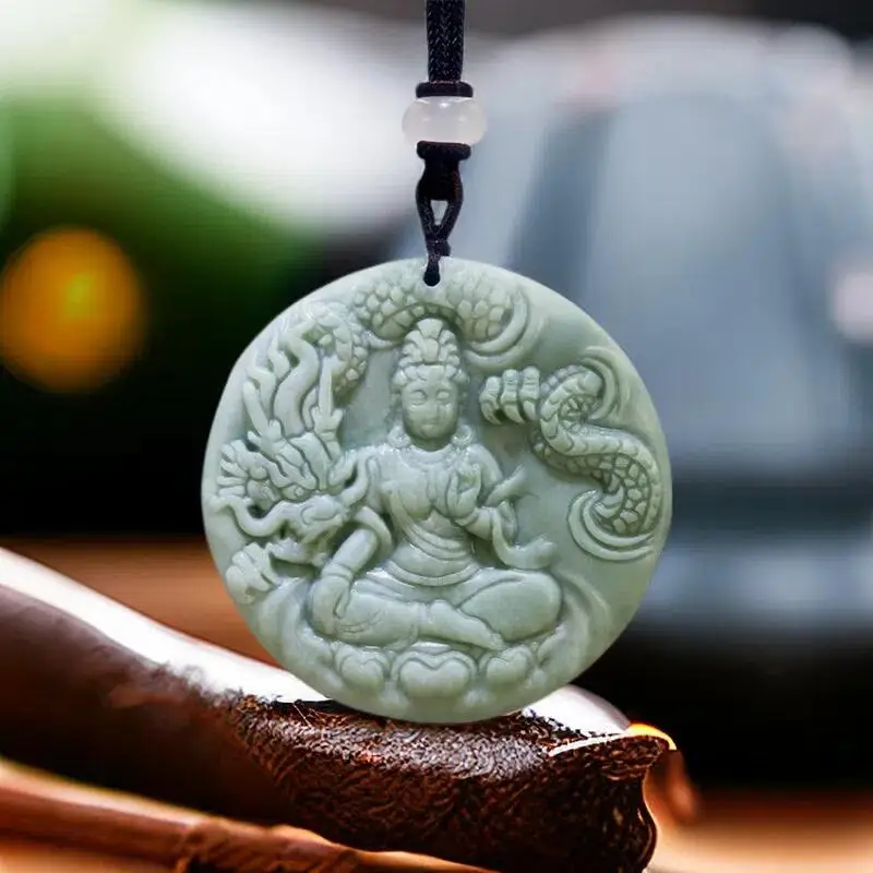 

Green Real Jade Guanyin Pendant Necklace Chinese Designer Fashion Gift Talismans Luxury Carved Jewelry Natural Stone