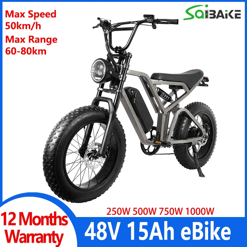 

750W Off-road Electric Bicycle 48V 15Ah Electric Bike Lithium Battery 20 Inch 4.0 Fat Tire Retro E-Bike Beach Snow Bike