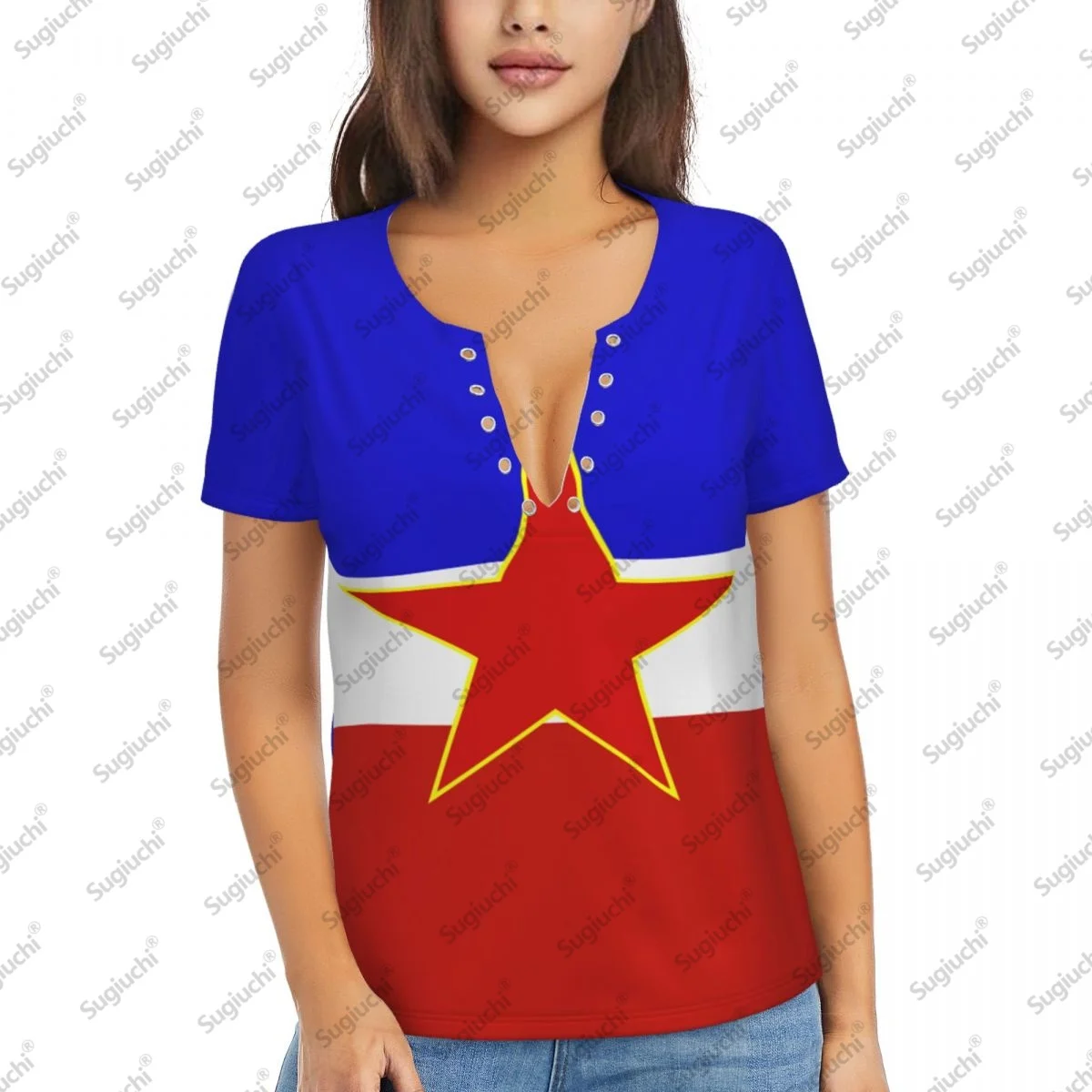 

2025 Yugoslavia Flag Sexy Deep V Neck Women 3D Short Sleeve Fashion Tees Female Clothing Tops Girl Casual Blouse Tees