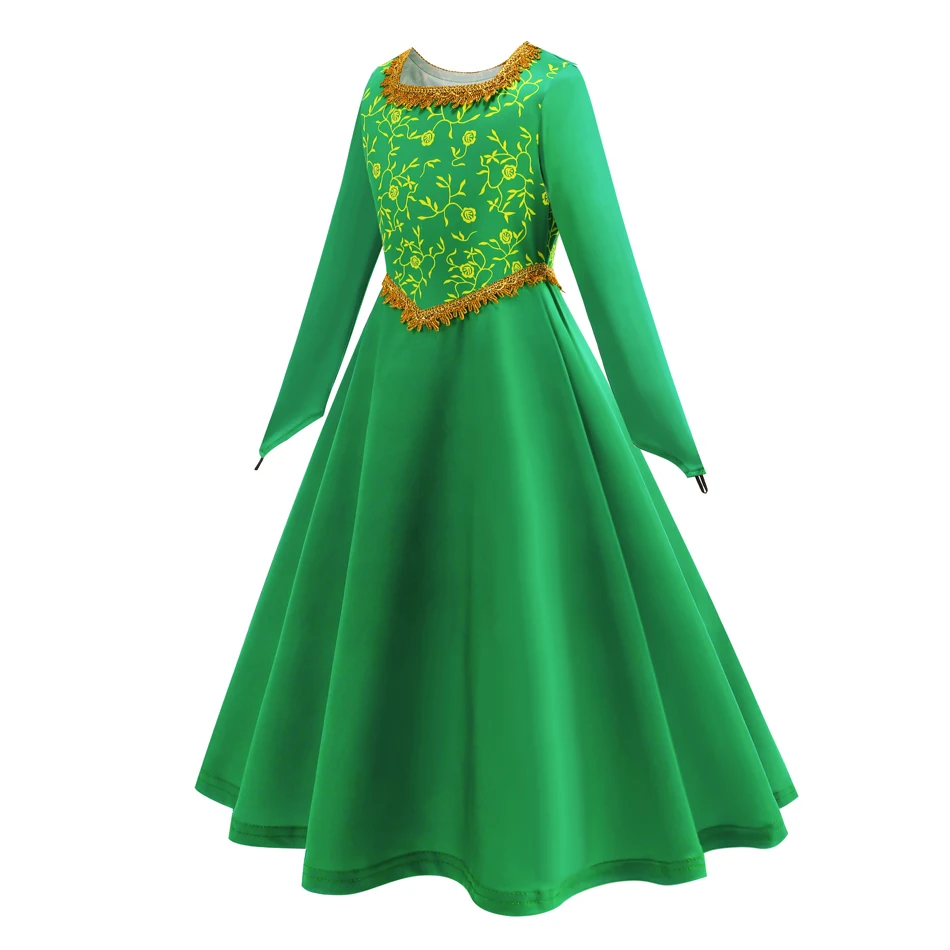 Fiona Girl Green Princess Dress Long Sleeve Halloween Fantasy Costume Kids Print Elastic Carnival Disguise Outfits Elegant Gown