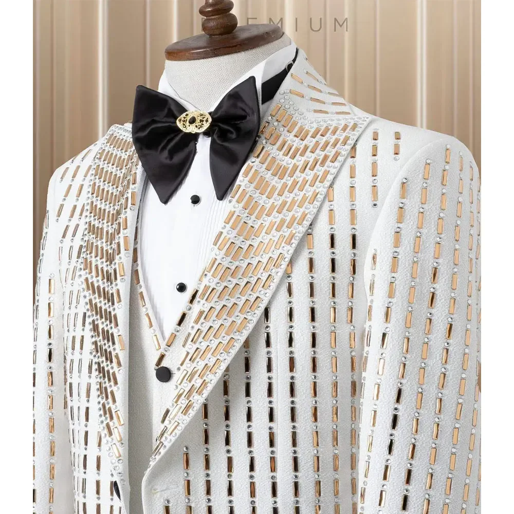 White Suits Men For Wedding Gold Rectangle Crystal 3 Pieces Jacket Vest Pants Groom Tuxedo Formal Business Banquet