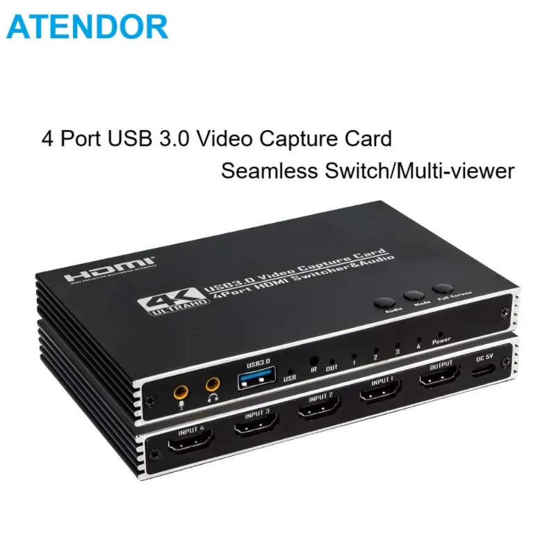 USB3.0 Video Capture Card 4K HDMI-compatible Seamless 4X1 Switch Multi-Viewer Audio Embedded Microphone In 3.5mm Out Remote