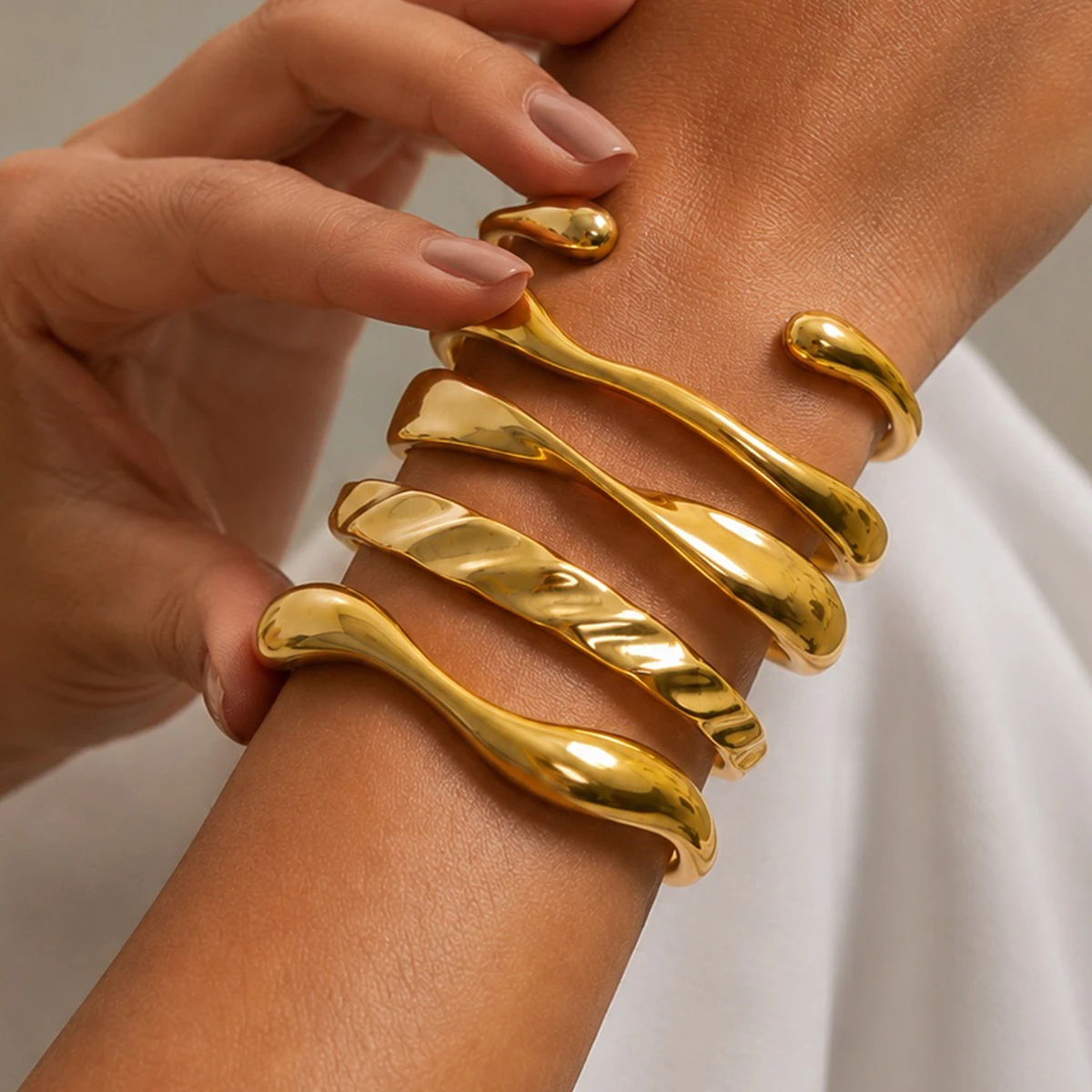 PuRui Minimalism Glossy Stacked Stainless Steel Bangle Women Irregular 18K Gold Plated Open Cuff Bracelet Non Fading Jewelry