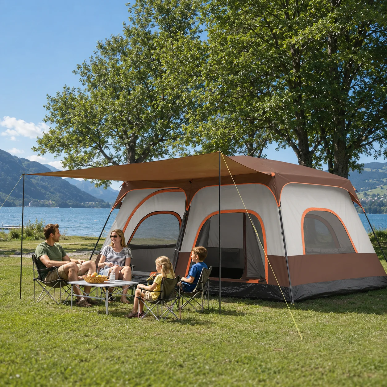 8-12 Person Large Cabin Tent 2-Bedroom Living Room Waterproof Oxford Double-Layer Roof Family Camping Tent Awning