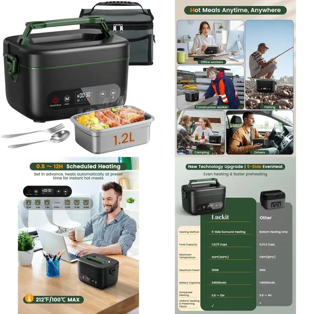 

Portable 1.2L Electric Lunch Box - 100W, 24000mAh Battery-Powered Heated Food Warmer for Outdoors, Office, BPA-Free