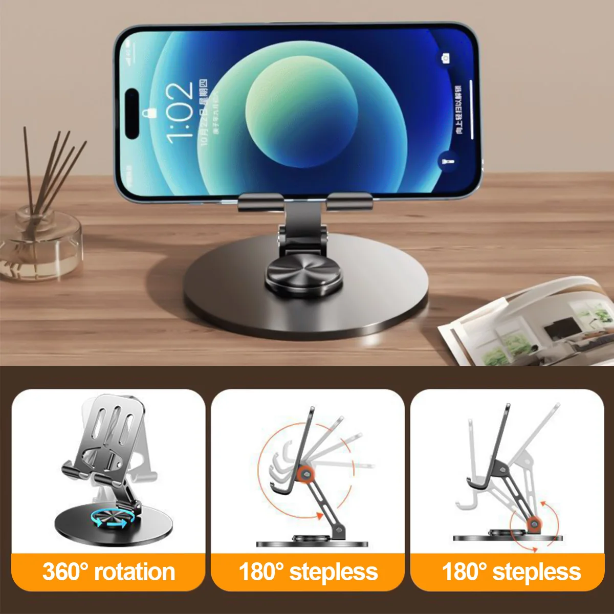 ユニバーサル携帯電話ホルダー,360度回転,すべて金属,アルミニウム,折りたたみ式,ダブルシャフト設計,安定,落下防止