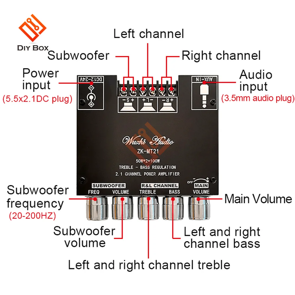 ZK-MT21 Bluetooth 5.0 Subwoofer Amplifier Board 50WX2+100W 2.1 Channel Power Audio Stereo Amplifier Tone Board Bass AMP AUX