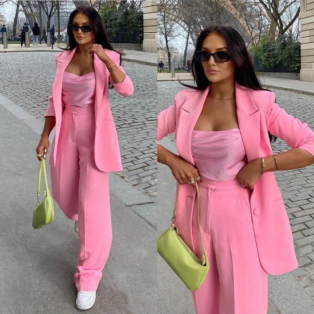 Summer Hot Pink Loose Women Pants Suits For Wedding 2022 Women Sexy Long Sleeve Trousers Set 2 Pieces