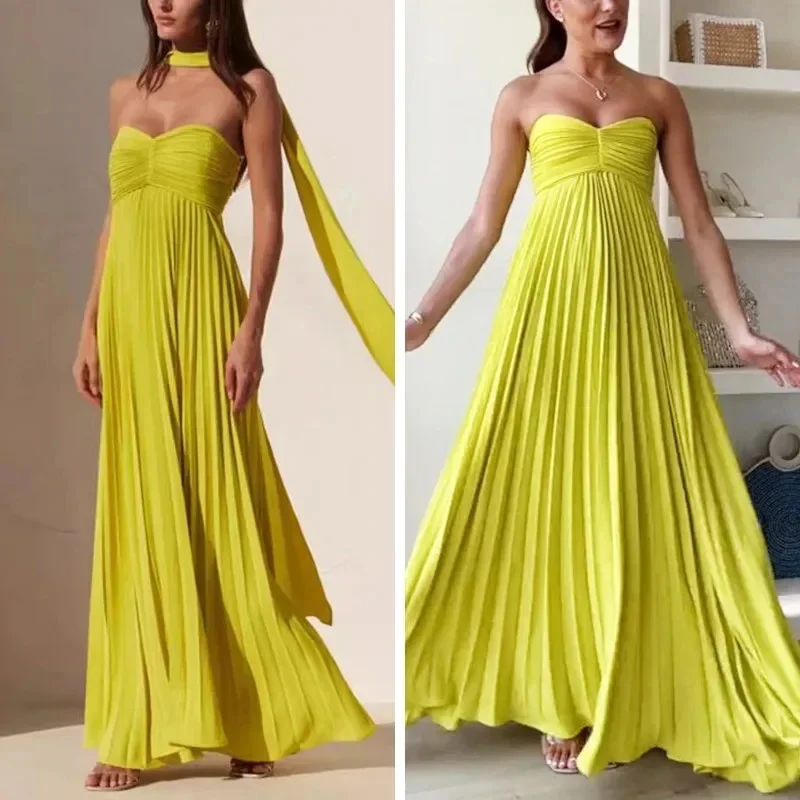 

Elegant Strapless Pleated Maxi Dress Solid Color Halter Neck Flowy Evening Dress Chic Women's Summer Wedding Guest Party Dress