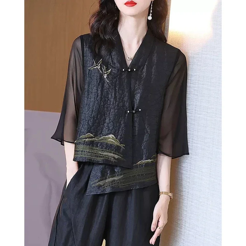 Women Silk Vintage Embroidered Asymmetrical Blouses Spring Summer Elegant Chinese Style Design Cardigan Shirts Blusa Mujer Moda