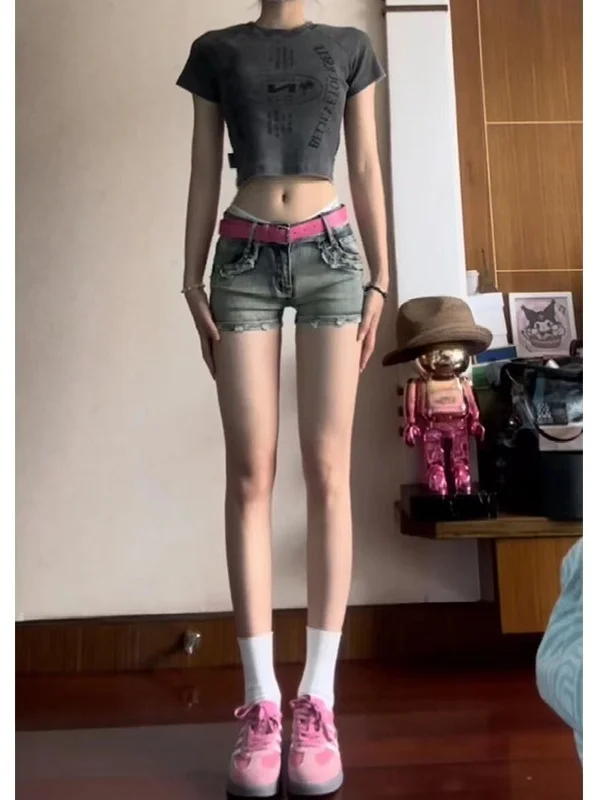 

Ретро-американские джинсовые шорты с низкой талией для женщин, зимние, в стиле High Street, утягивающие, с высокой талией, А-силуэт, супер короткие, сексуальные брюки