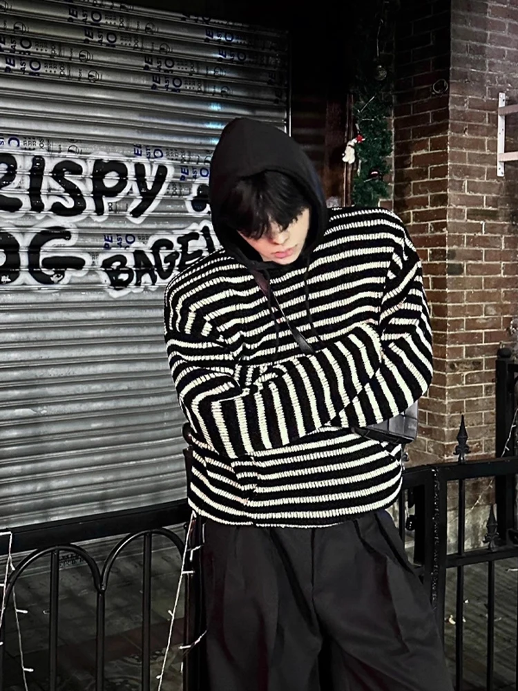 

Мужская толстовка в американском стиле, черно-белая полосатая вязаная кофта, повседневная, удобная, свободного кроя, осенняя, из мягкого полиэфирного волокна