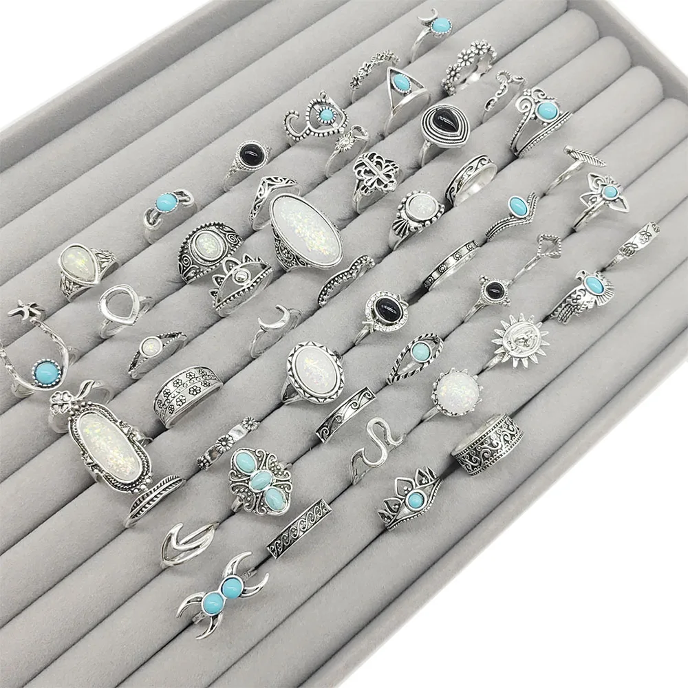 50 Stück/Los Großhandel Mix-Style Vintage Bohemia Blaue Steinringe für Frauen Opal Schwarzes Acryl Blumendesign Fingerschmuck Party – Detail 2
