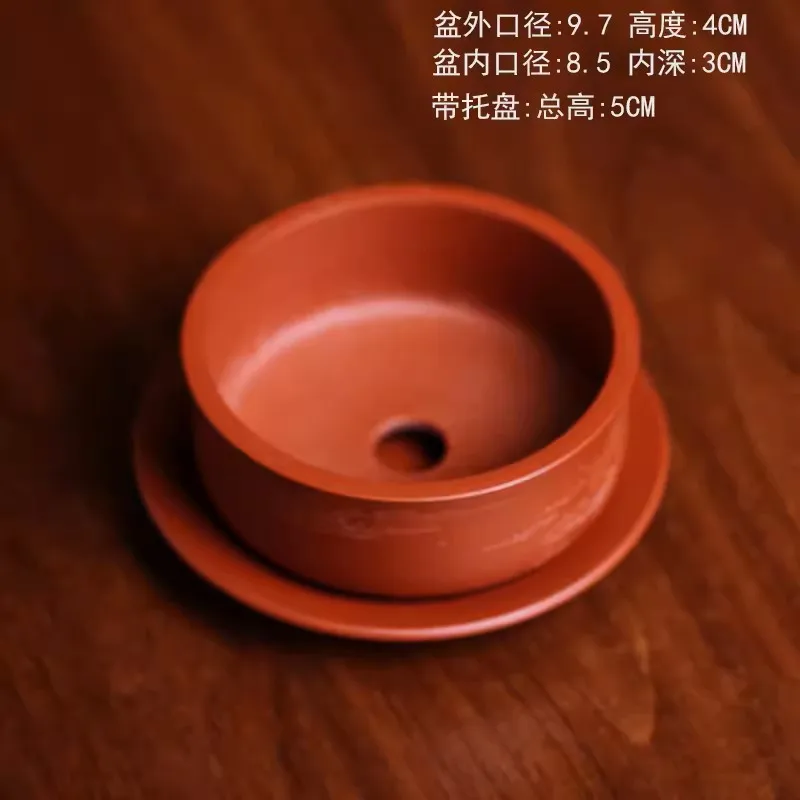 Red Clay Handmade Carved Pottery, Flower Bonsai Pot, Round Traditional Chinese Garden Decoration