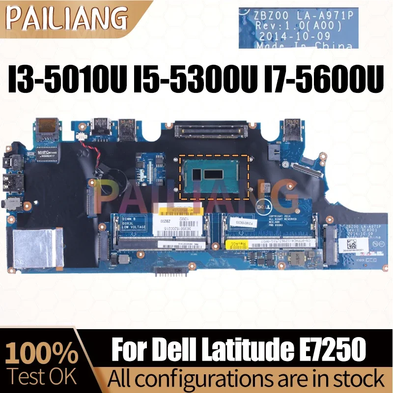 For DELL Latitude E7250 Notebook Mainboard LA-A971P I3-5010U I5-5300U I7-5600U 02PVP8 0G9CNK Laptop Motherboard Full Tested