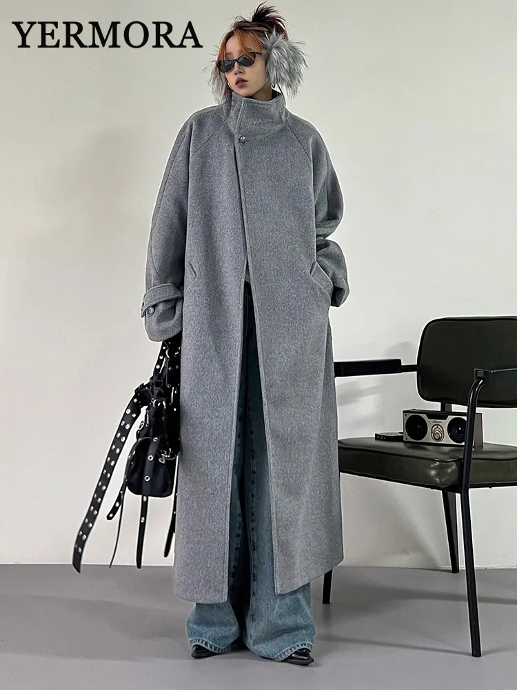 YERMORA-abrigo de lana informal con bolsillo gris para mujer, abrigo de manga larga con cuello levantado, moda Otoño Invierno 2024