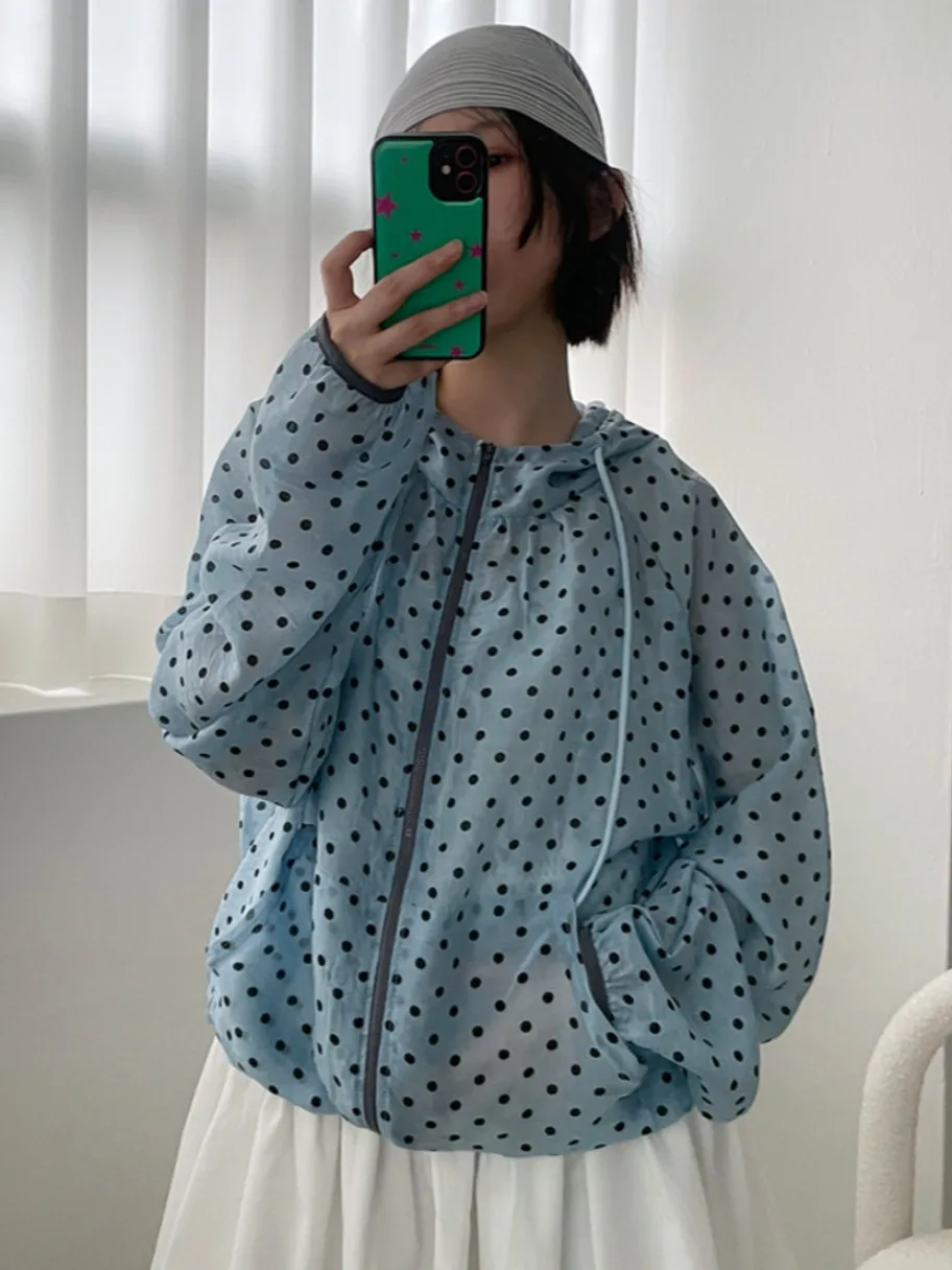 Early Autumn Polka Dot Cute Chiffon Sunscreen Zipper Hooded Jacket Transparent Lightweight Cool Women's Sweater Coat