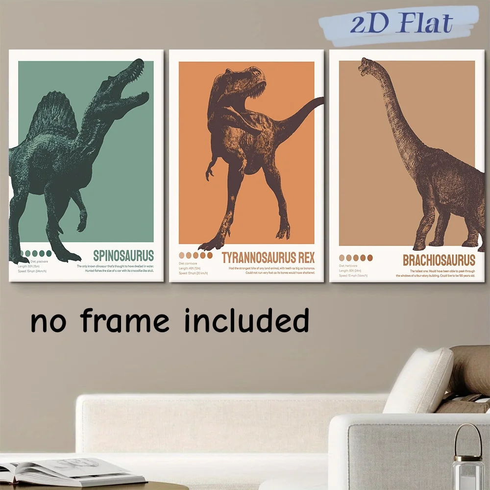 3-piece set of Jurassic dinosaur Spinosaurus frameless canvas decoration hanging painting, modern minimalist living room, childr