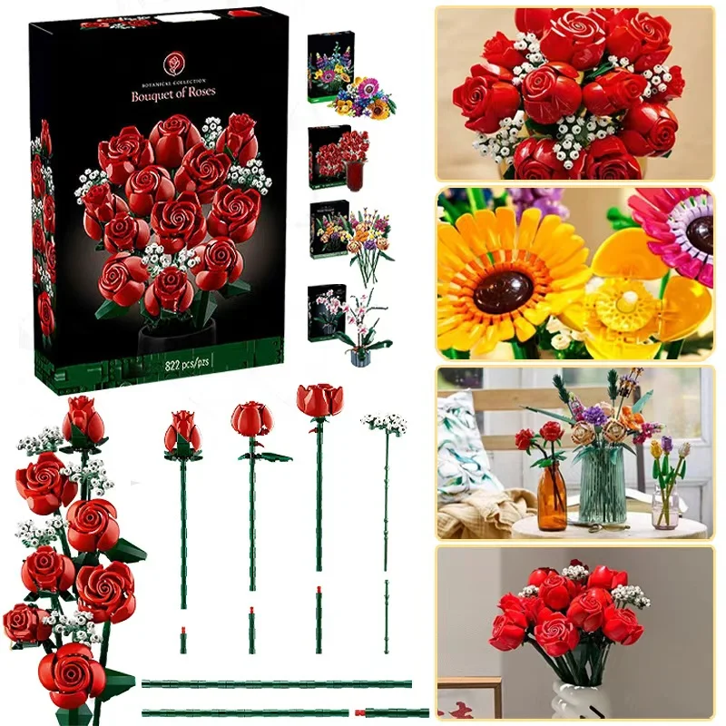 مجموعة مكعبات بناء أوركيد الوردية الإبداعية - نموذج باقة الزهور الرومانسية، هدية مجمعة يدويًا لعشاق الأطفال #3