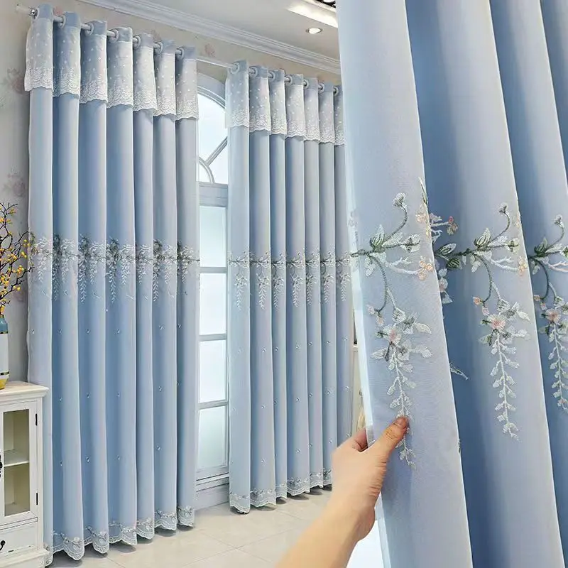 1 Panel 132cm Width Pastoral Double Layer Curtain with Sheer Curtain for Living Room Bedroom Luxury Embroidered Curtain