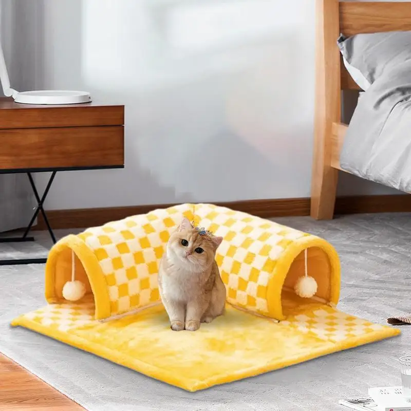 Cat Bed With Tunnel 2-in-1 Checkered Tunnel Bed With Fluffy Toy Ball Foldable Soft Cat Cave Tube Detachable Stylish Pet Play