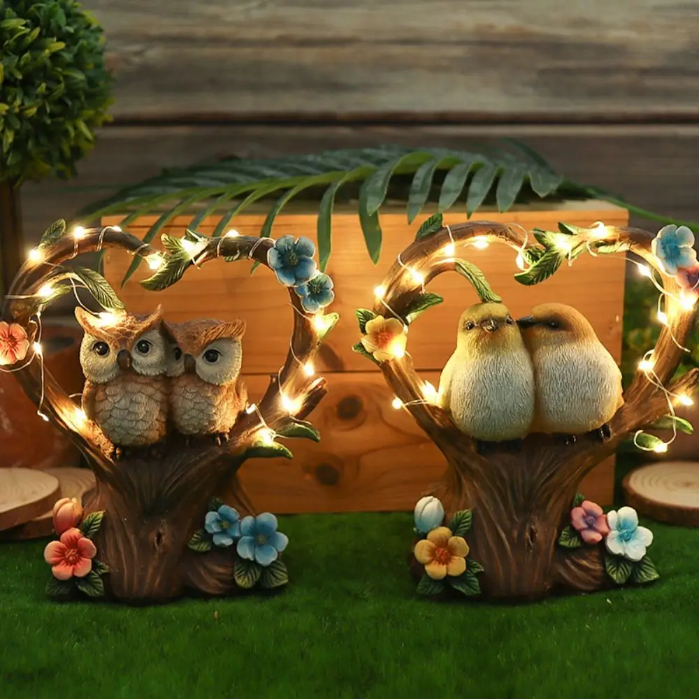 Ornamen Burung Pasangan Resin Kerajinan Tangan, Lampu Taman Hewan Simulasi Lucu Bertenaga Surya Tahan Air, Lampu Halaman Kreatif untuk Lanskap Taman