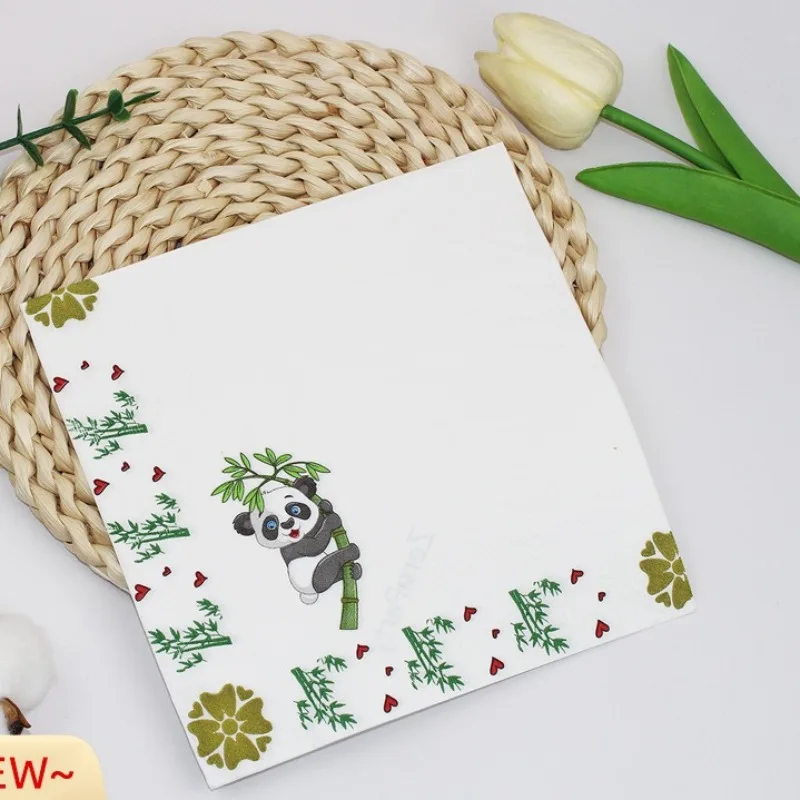 20pcs 33 * 33cm 2Layer Chinese Element Napkins Panda Bamboo Leaf Printed White Disposable Table Mat DIY Decoupage Paper