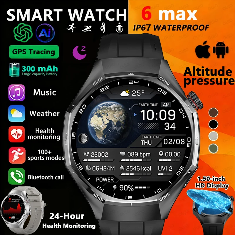 

2026 New Watch 6 MAX Smart Watch GPS Track Altitude Pressure Heart Rate Blood Oxygen IP67 Waterproof BT Call Outdoor Smart Watch