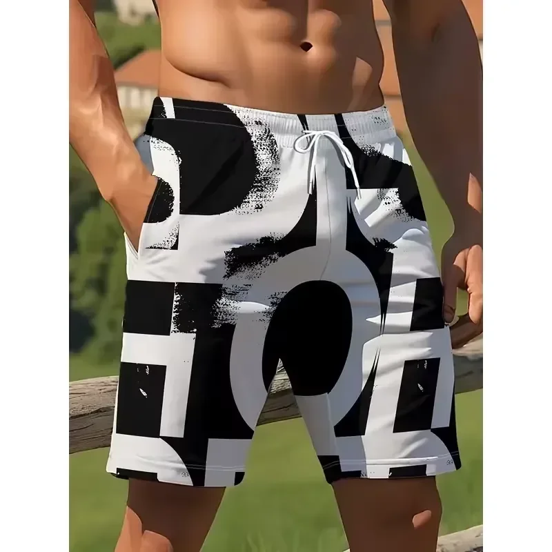 Shorts Comfortable Breathable Casual Men's Summer Black White Contrast Large Letter Print Drawstring Waist Regular Fit Sports