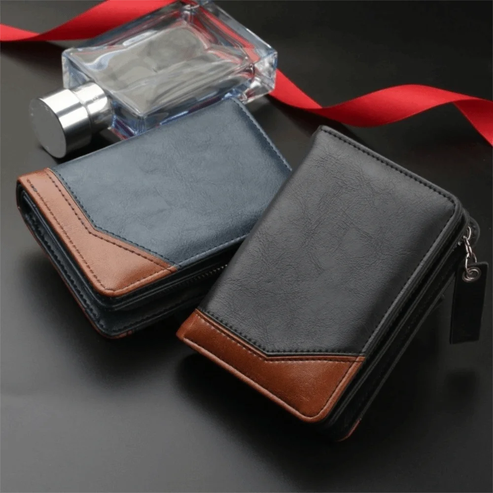 Portátil de couro do plutônio dos homens carteira curta cor bloqueio zíper saco embreagem negócios multi slot para cartão moeda bolsa titular do cartão presente