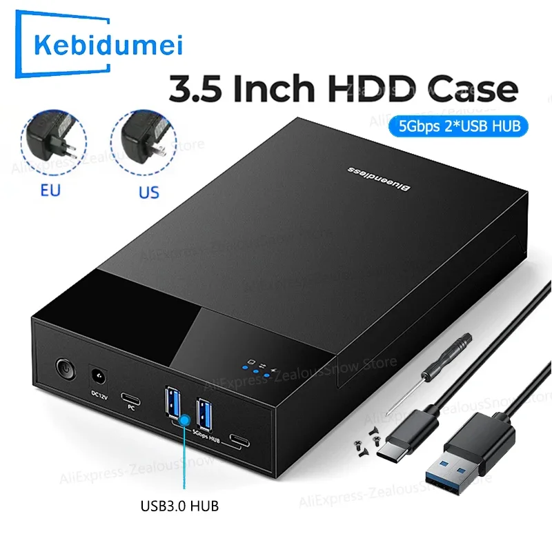 2.5/3.5 SATA HDD Enclosure USB3.0 HUB External Hard Drive Reader support 20TB TYPE C TO SATA Adapter HDD case With 12V Power