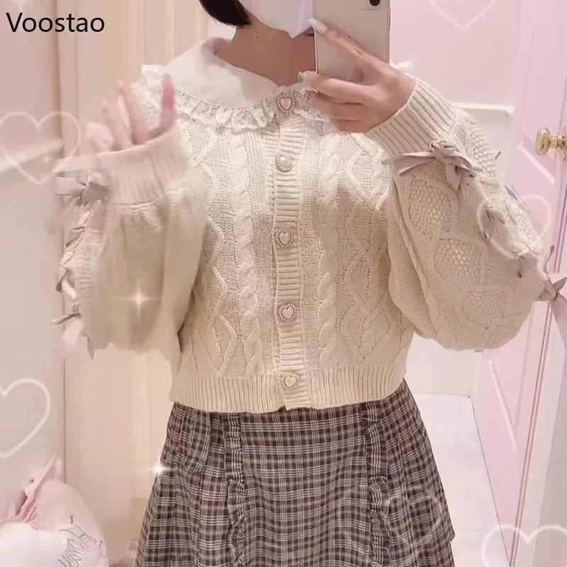 Japanese Sweet Lolita Style Knitted Cardigan Women Casual Long Sleeve Ribbon Hearts Button Sweater Coat Female Y2k Knitwear Tops