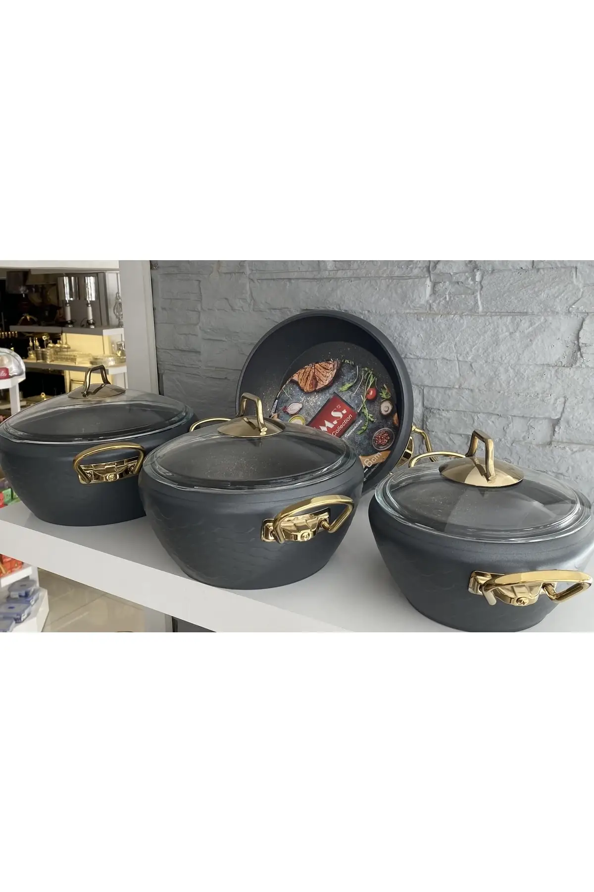 

DOLBOVI granite Cookware Set 7 piece Gold handle 4,7lt + 3.7lt + 2,7lt + lt gray Cookware Set