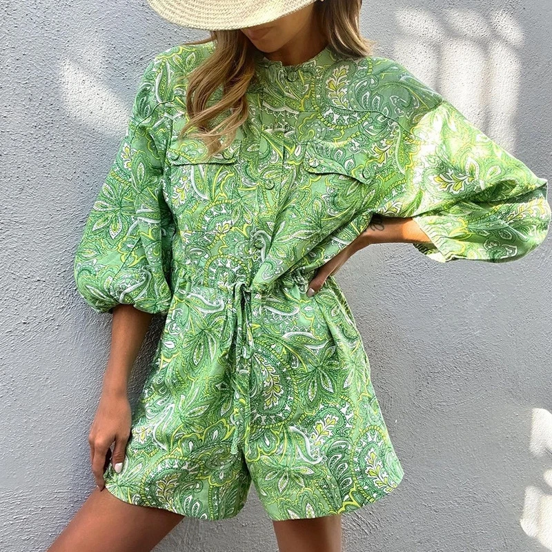 

STYLISH Lady Printed Playsuits 2023 Summer Women Three Quarter Sleeve Stand Neck Pockets Drawstring Beach Rompers Jumpsuits