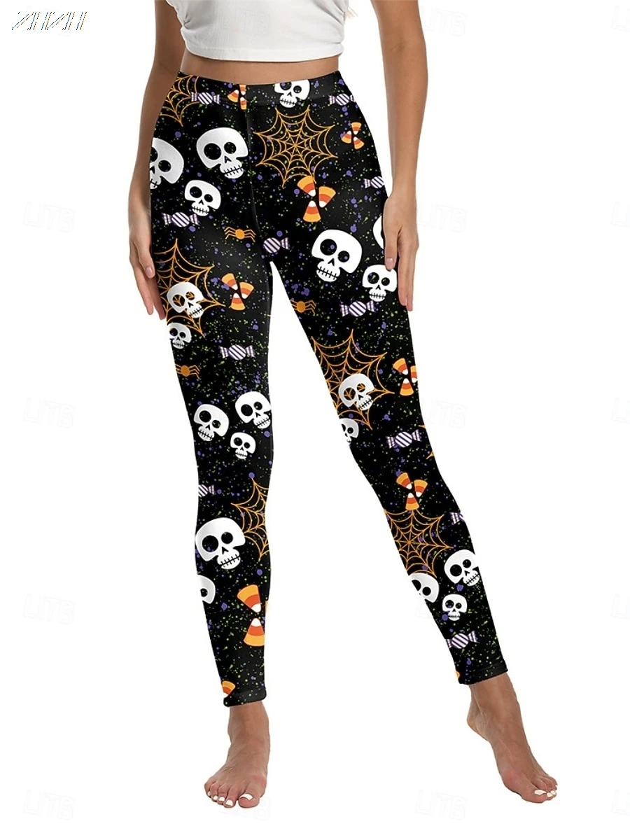 2025 Leggings da donna Pantaloni con grafica zucca di Halloween Pantaloni Poliestere Spandex Elasticizzato in vita, Controllo Autunno Streetwears