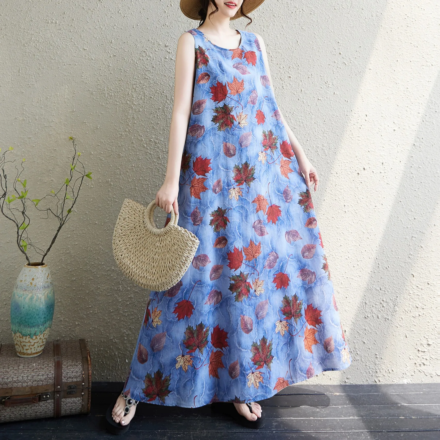 

Bohemian plus Size Long Dress Summer New Style Sleeveless round Neck Print Dress Sweet Style Cotton Citywalk A-Line Skirt