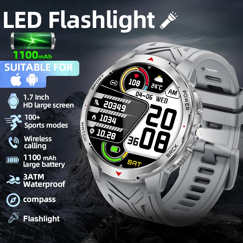 

LIGE 3ATM Waterproof LED Flashlight Compass Smart Watch 2025 New 1100mAh Battery 1.7“ HD Display Outdoor Sports Smartwatch Men