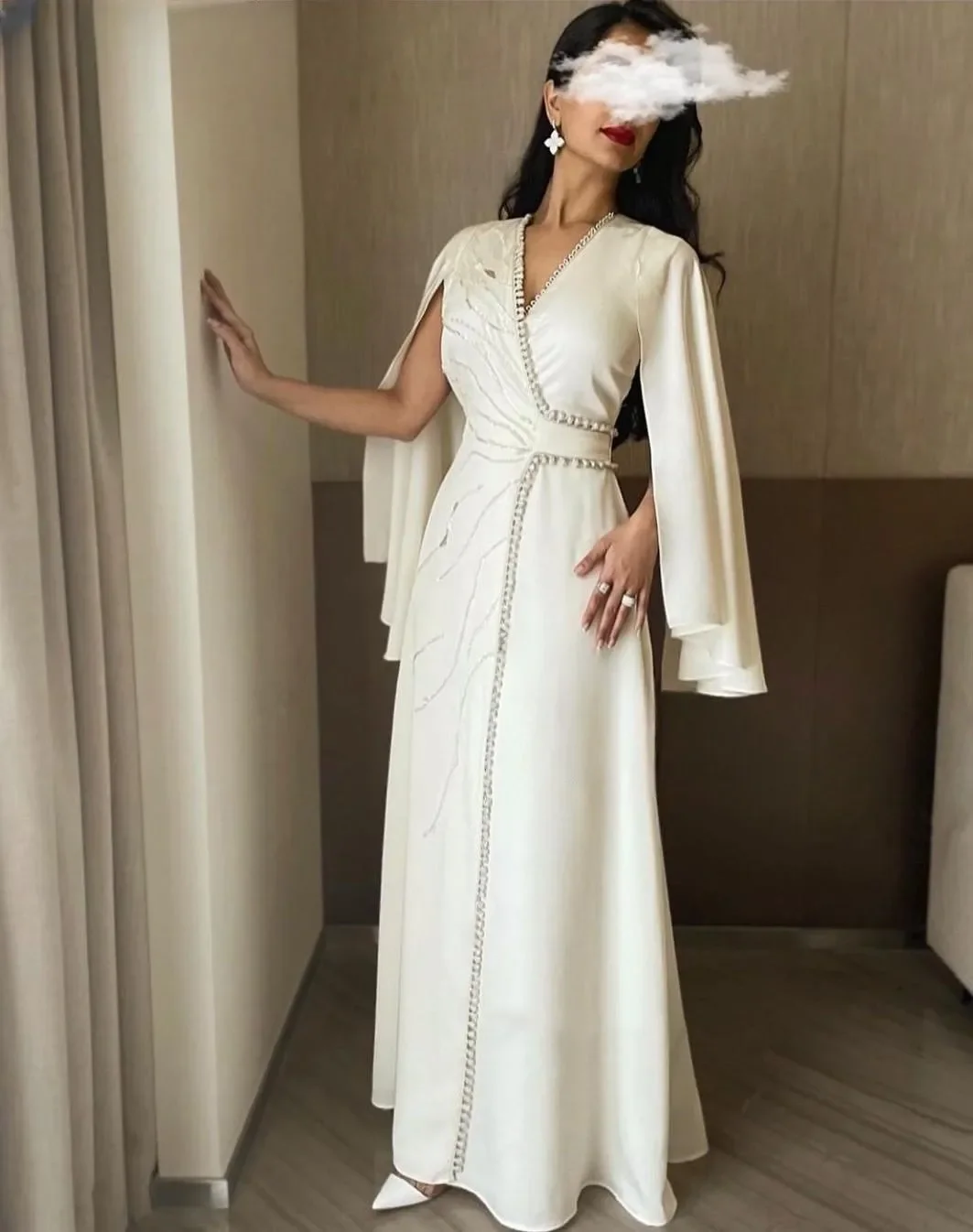 

Customized Elegant Formal Occasion Evening Dresses Sequins Beads Prom Dresses Cape Sleeves Floor-Length Vestidos De Party Gown