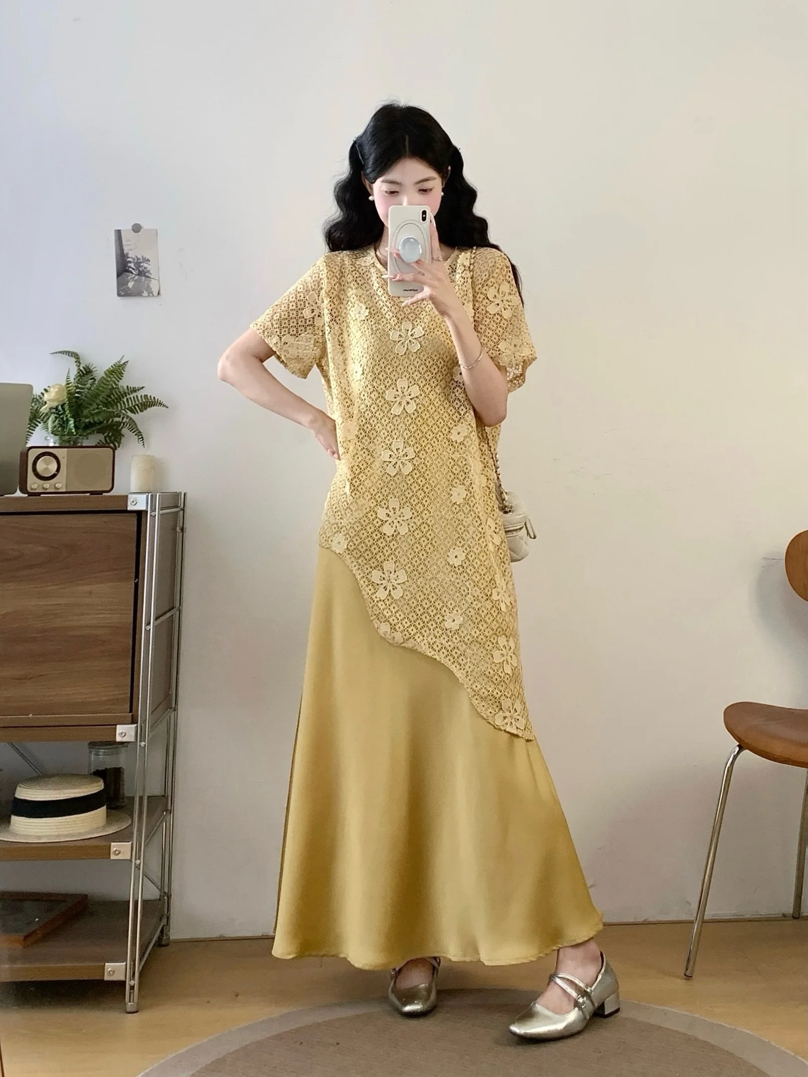 

plus Size Elegant Lace Asymmetrical Satin Long Dress Two Piece Set with Belt Casual Commute Style Loose Fit mid Length a Line...