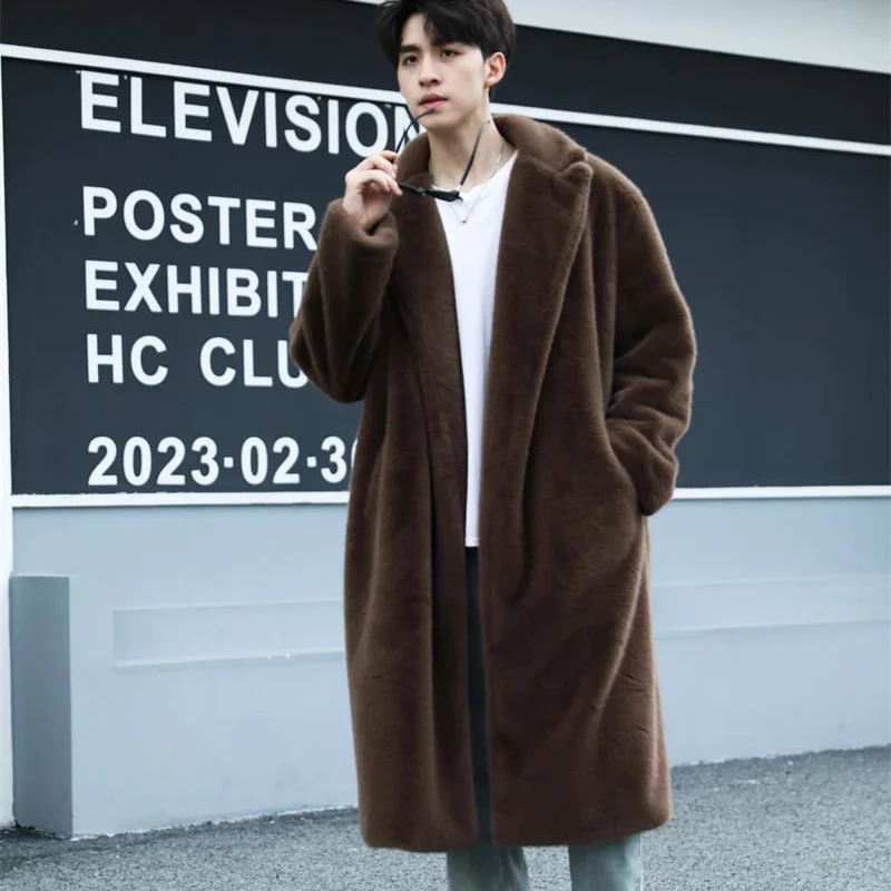 

Men's Autumn Winter Mink Fleece fur Coat Long Over the Knee Artificial fur Jacket Thickened Plush Trench Coat Cotton Coat Tide