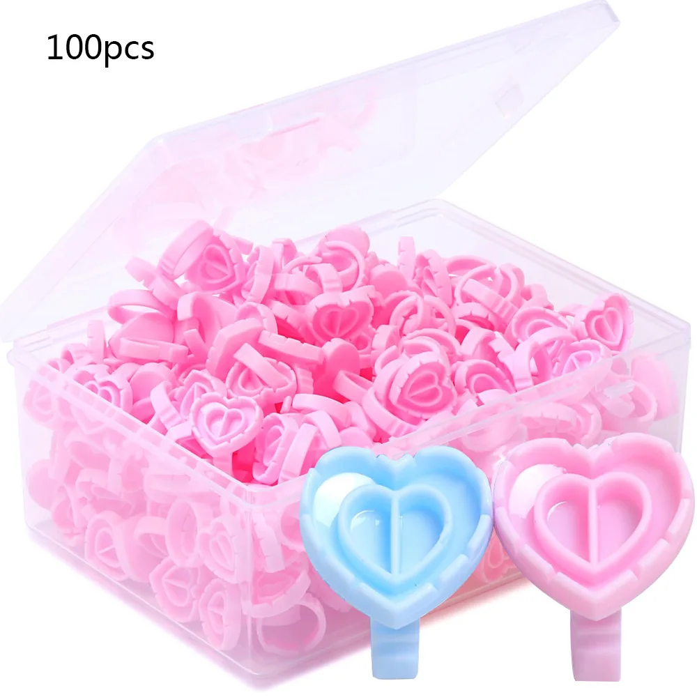 Caja de 100 Uds. De pegamento para extensión de pestañas, anillo floreciente, taza con forma de corazón, bandeja de pegamento integrada para pestañas, tazas para extensiones de pestañas