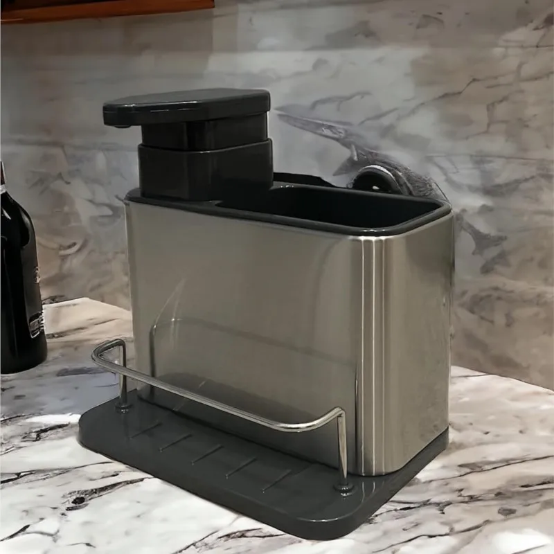 Dispensador de jabón de cocina 3 en 1, soporte de esponja, dispensador de jabón para platos, bandeja organizadora de fregadero de acero inoxidable, escurridor a prueba de herrumbre