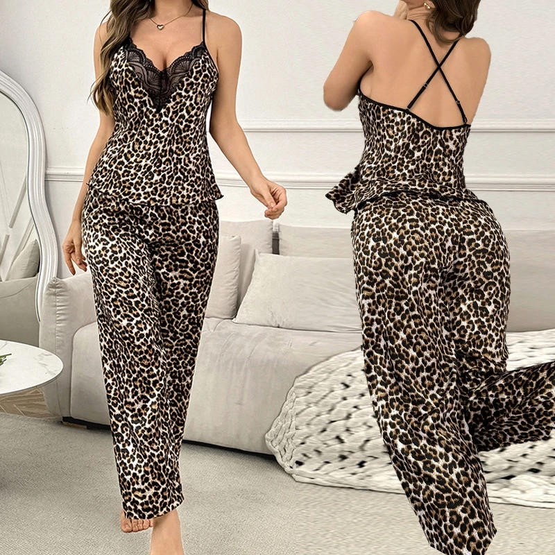 Women Leopard Print Pajamas Set Lace V Neck Criss Cross Back Cami Top Long Pants Two Piece Sleepwear Ladies Home Loungewear