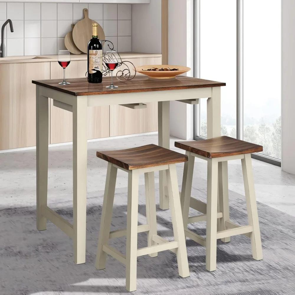 3 Pieces Dining Set, Counter Height Pub Table Set with 2 Saddle Stools, Industrial Wood Breakfast Table Set for Bar, Kit