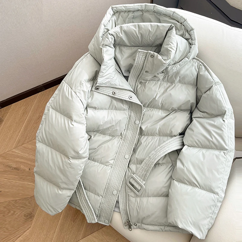 ZAROY Women Winter Hooded Cotton Padded Jackets With Belt Solid Fashion Female Thicken Windproof Puffer Coat Loose Snow Overcoat