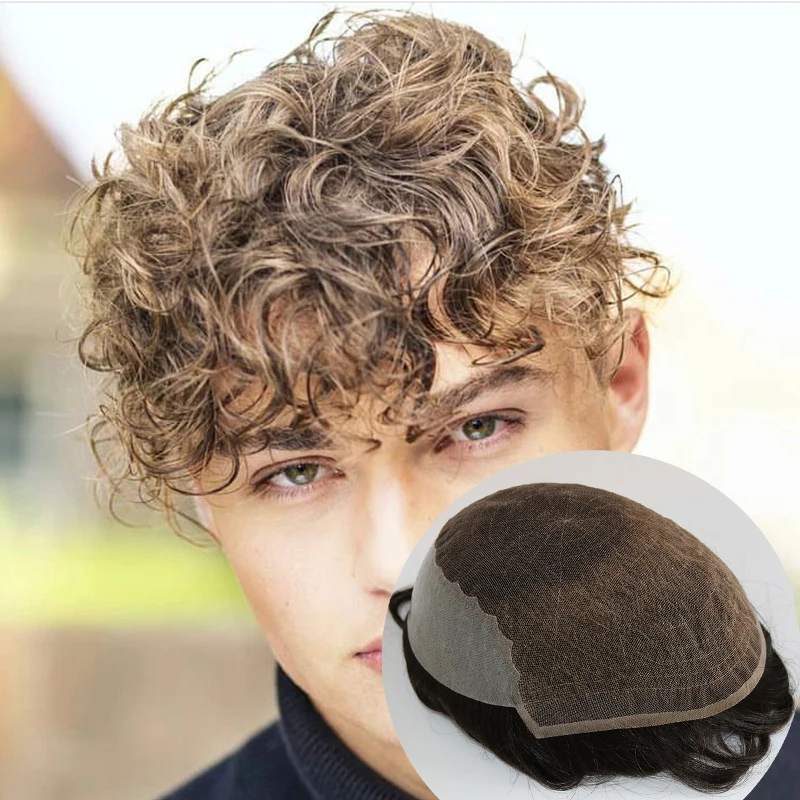 20mm Curly Natural Hairline Durable Q6 Male Wig Brown Blonde #1B80 Bleached Knots Breathable Men Toupee Human Hair Prosthesis