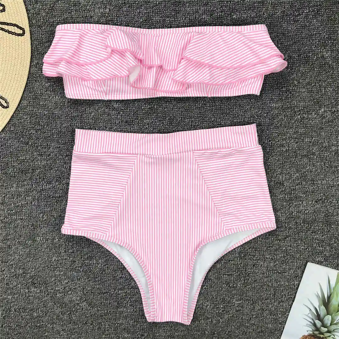 Gestreifter Bandeau-Bikini mit Rüschen, Damen-Badeanzug, hochtailliert, zweiteiliger Bikini, Badebekleidung, Badeanzug, Modell V1183. – Detail 18
