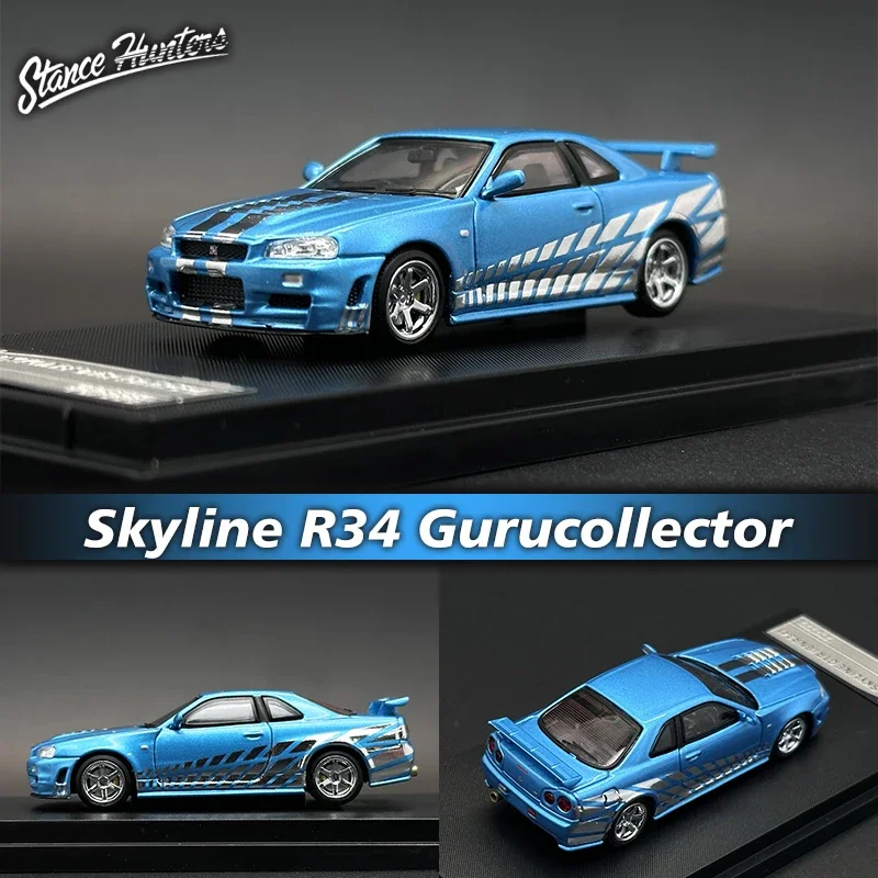 

SH 1:64 Skyline GTR R34 Gurucollector Electroplated Blue Diecast Diorama Car Model Collection Miniature Stance Hunters