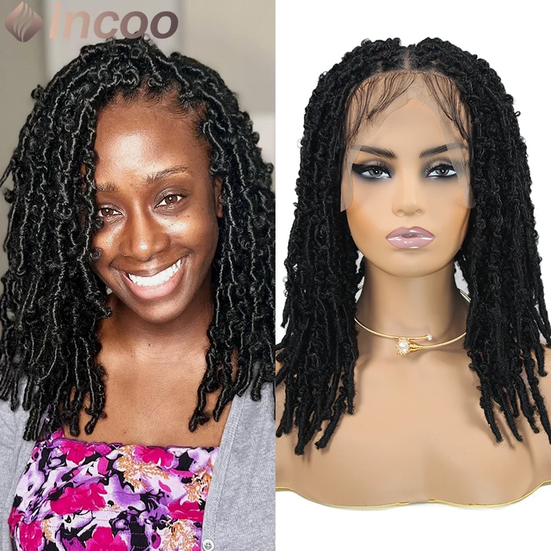 Pelucas sintéticas trenzadas con malla Frontal completa para mujer, peluca con trenzas duraderas Bob hinchables, caja Frontal de encaje sin nudos, color negro, 16 pulgadas